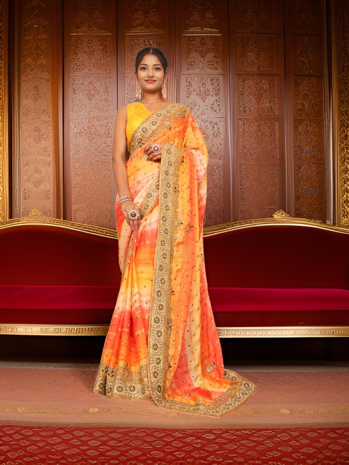 Designer Saree with Kundan & Cut Dana Work by Shreekama-5