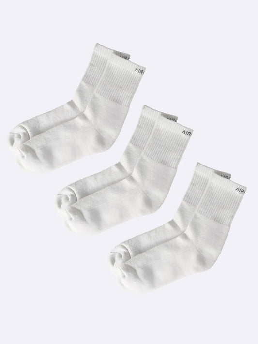 Pack of 3 white cotton crew socks with cushioned sole and breathable mesh